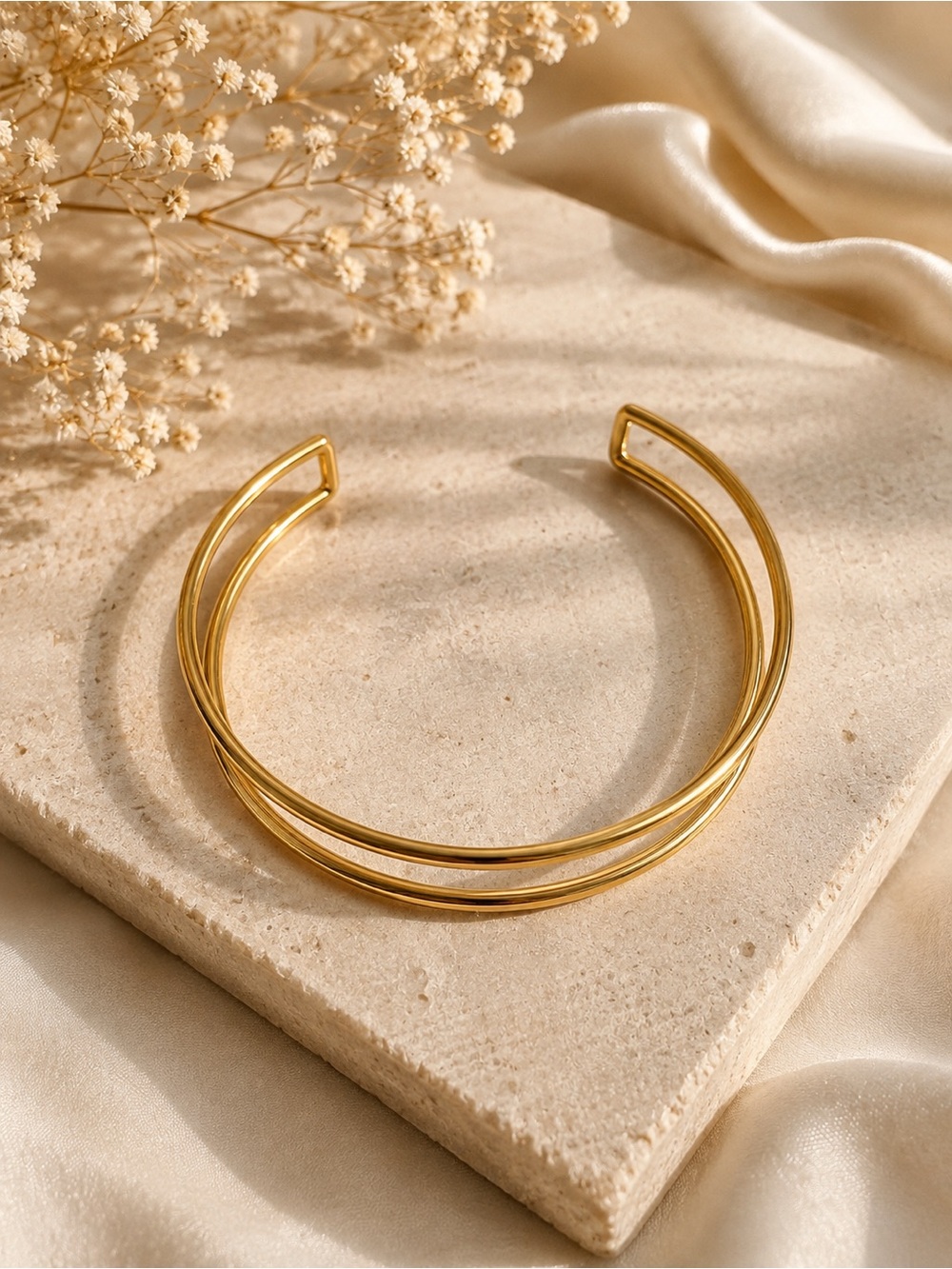 Gold Double-Band Open Cuff Bracelet - Women Jewelry